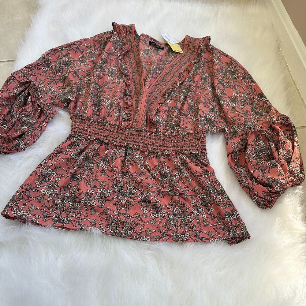 Max Edition Top Shirt Smocked Long Sleeve Size XL Pink Floral Boho #A71179 NWT